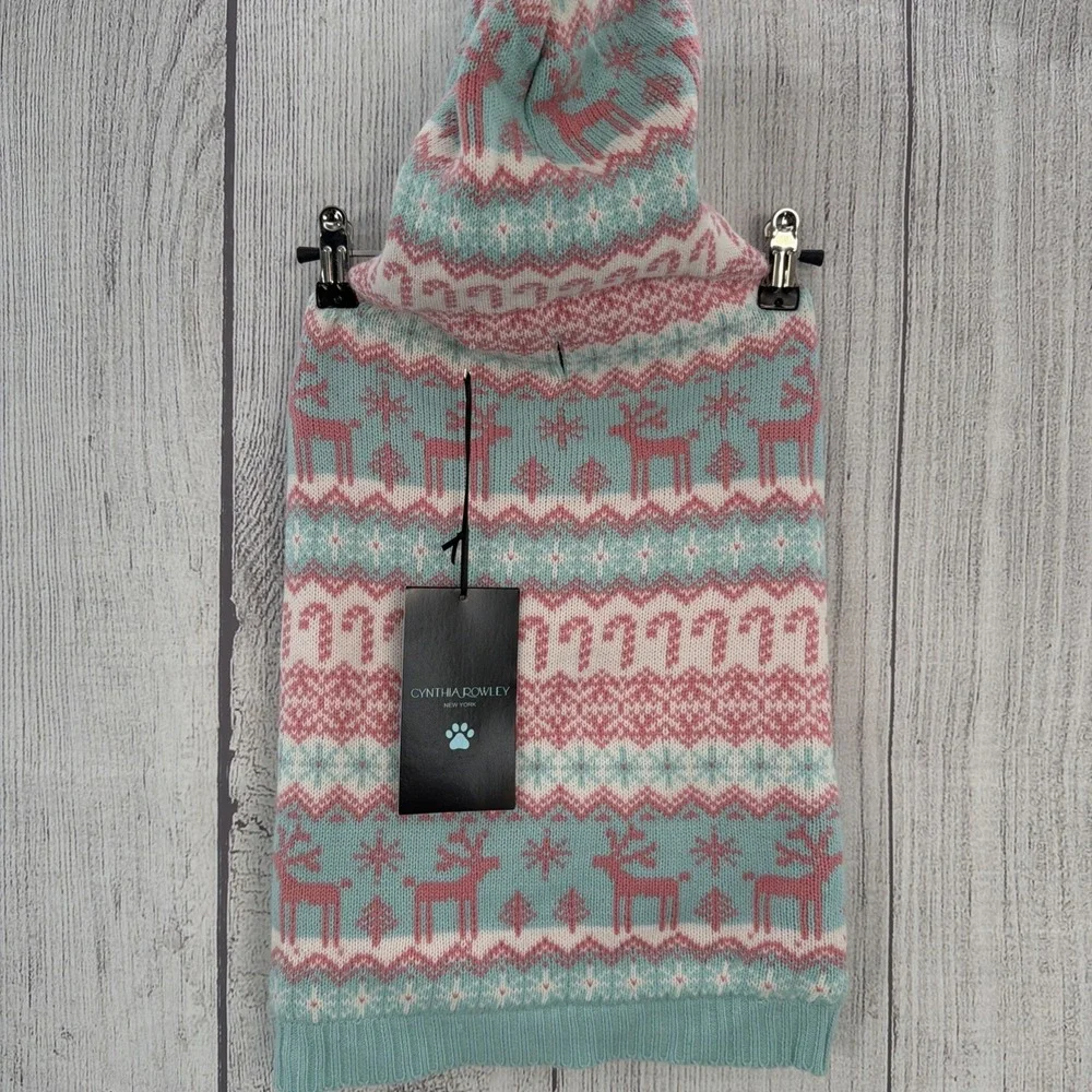Fair Isle Dog Sweater LARGE Pink Aqua Nordic Hooded Reindeer Candy Canes Winter